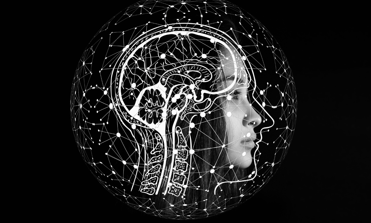 a young person's face overlaid with a drawing of a human head and brain