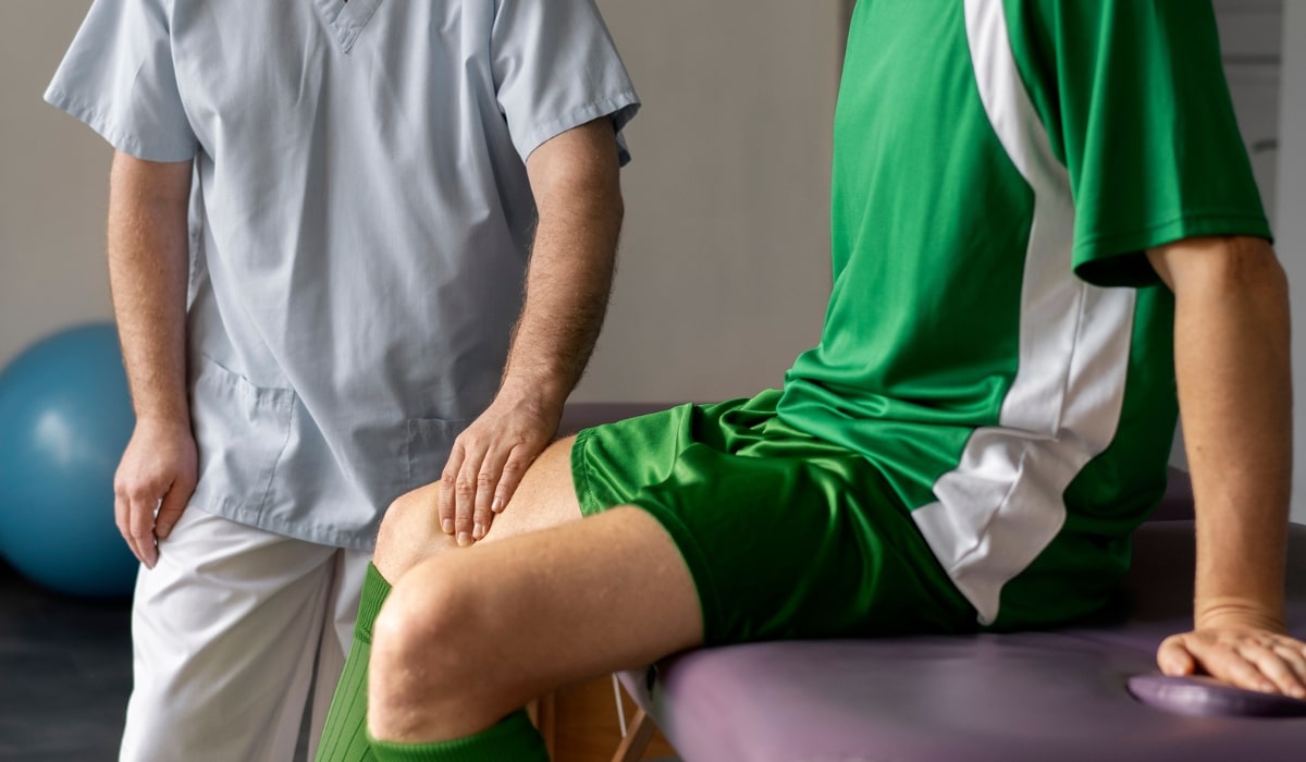 doctor going over an athletes knee after a light workout from a recent surgery