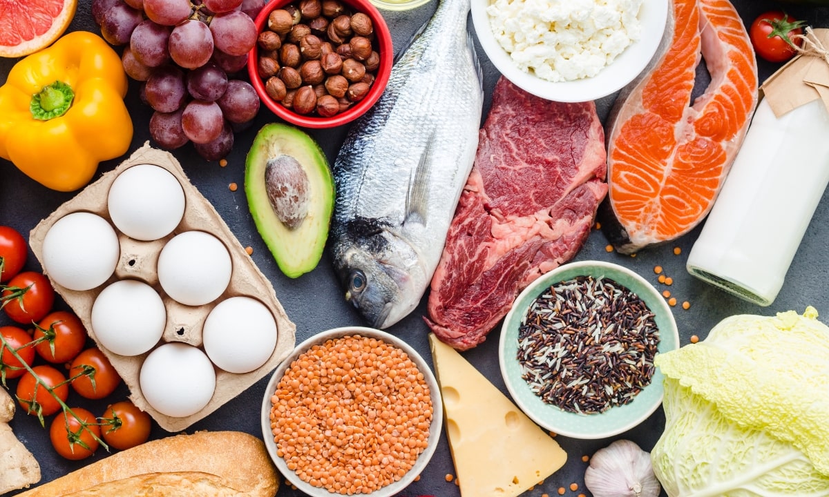 fish, meat, seeds, eggs, and other healthy foods