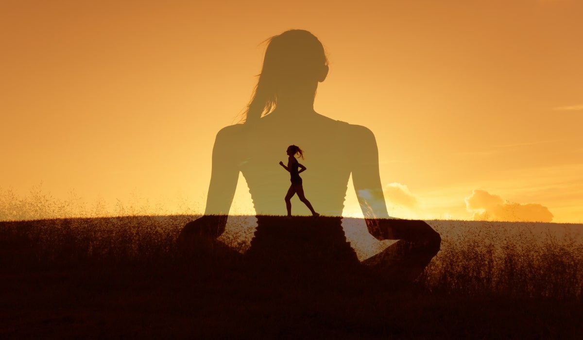image of woman running in the background with the outline of a female shadow figure meditating over her